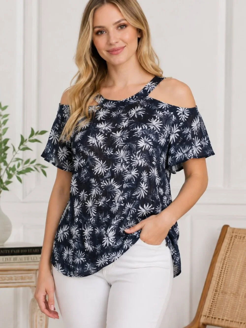 MICHAEL Michael Kors Blue White Floral Cold Shoulder Tunic Top L
